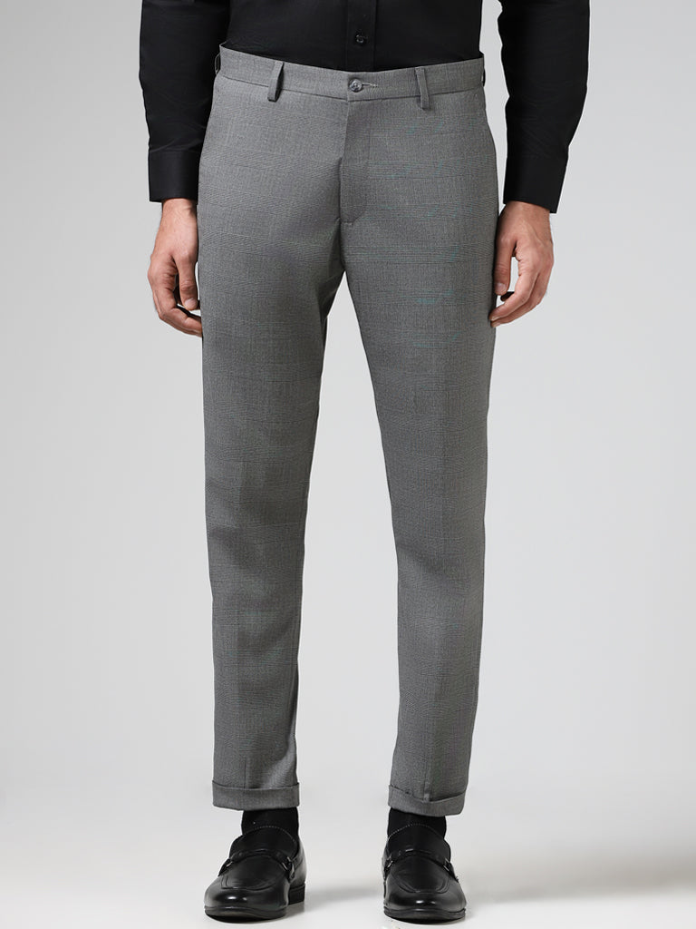 Buy WES Formals Grey Houndstooth Slim Tapered Fit Trousers, 49% OFF